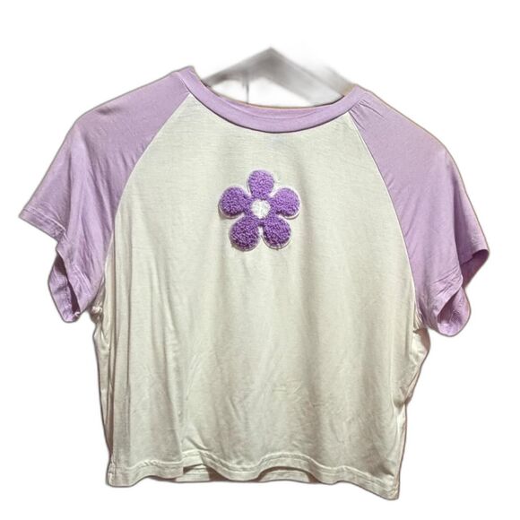 SHEIN Tops - Y2K Baby Tee White and Purple Raglan Short Sleeve Womens Crop-top Flower Power
